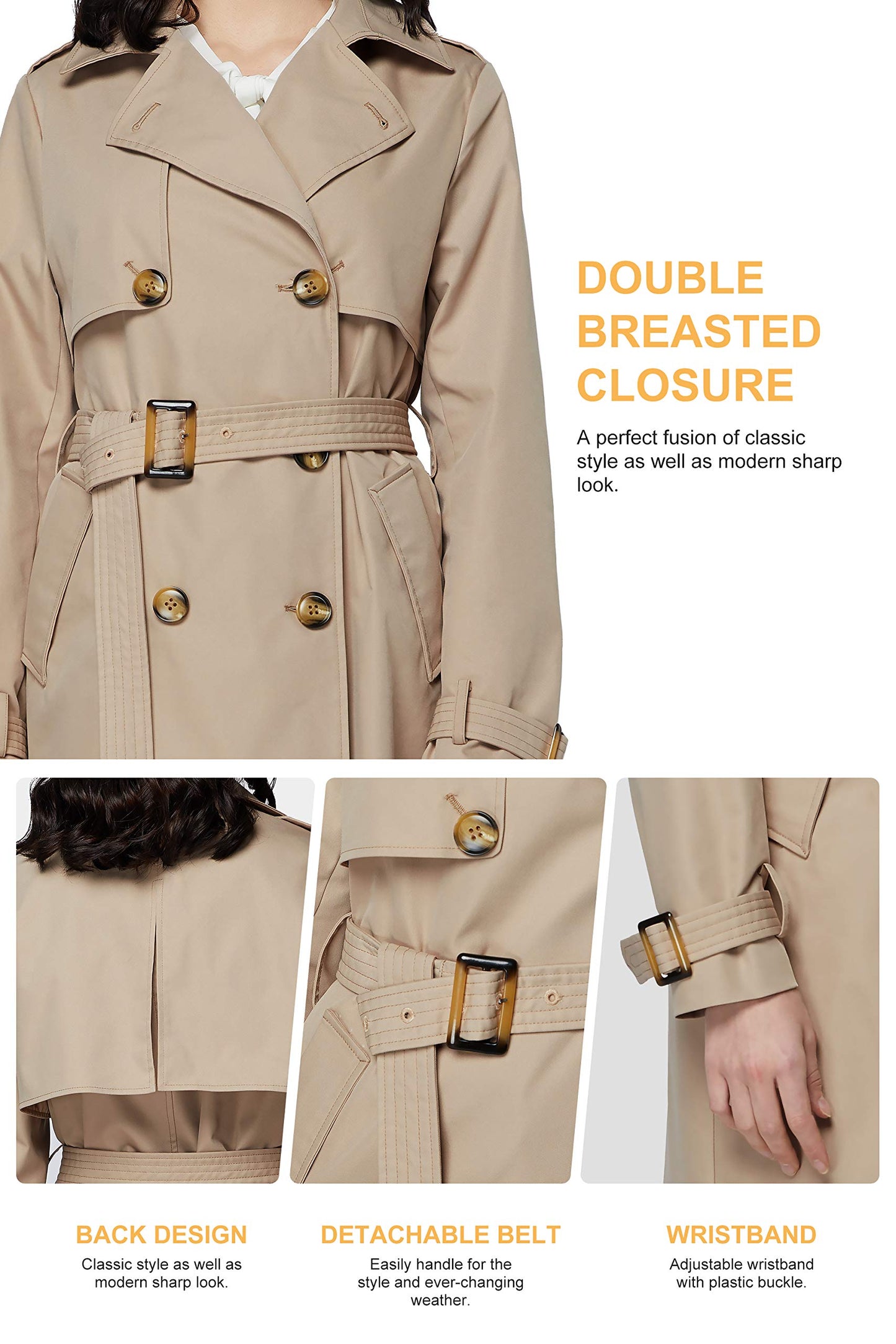 Orolay Long Trench Coat for Women with Belt Lightweight Double-Breasted Duster Trench Coat Slim Fit Khaki XL