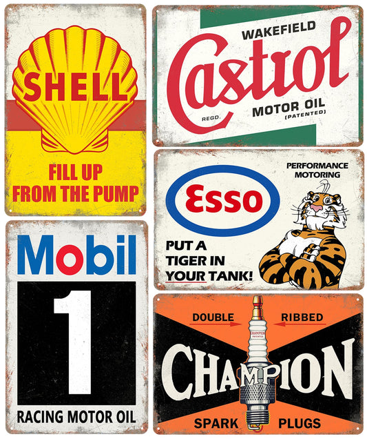 Vintage Metal Tin Signs Retro Garage Signs, Man Cave Accessories Old Car Shop Posters Oil And Gas Station Sign Bar Decor 20 x 30 cm（5pcs）