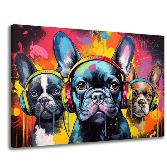 GLOKAKA Graffiti Dog Wall Art Canvas,Fashion Funny Dog Street Dog Pop Art,Three French Bulldog Picture Painting Print,Colorful Animal Painting Artwork for Bedroom Bathroom Decor-24 x16