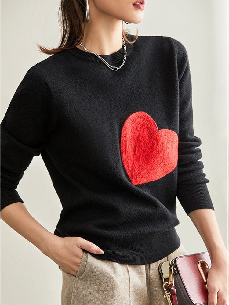 Wholesale Women Knit Sweater Embroidery Red Heart O-Neck Simple Style Fall Spring Autumn Slim Pullover Harajuku