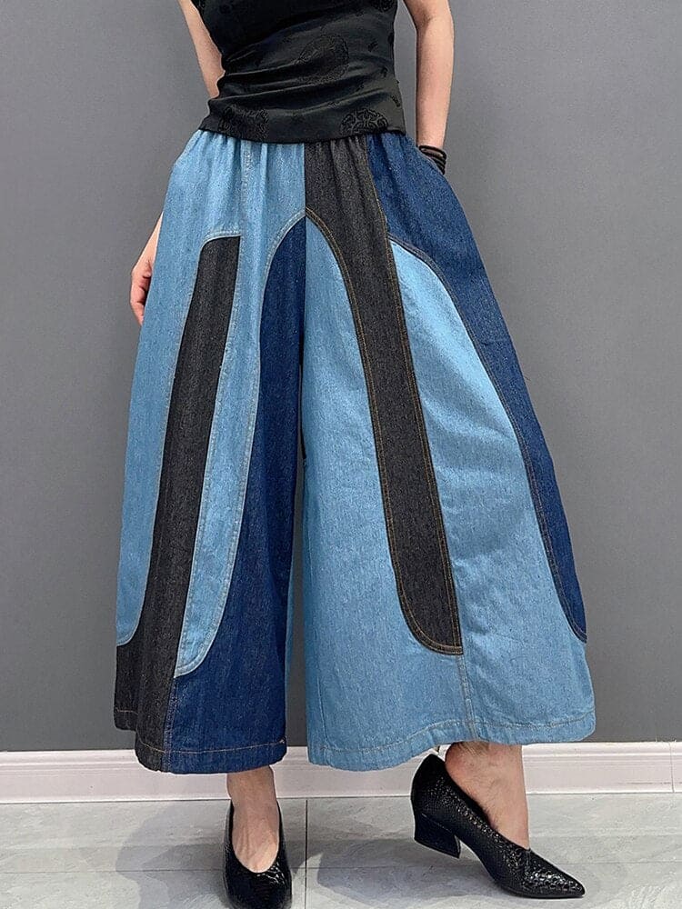 Fashion Casual Patchwork Elastic Waist Wide Leg Pants Ankle Length Pants Trendy Women Pants