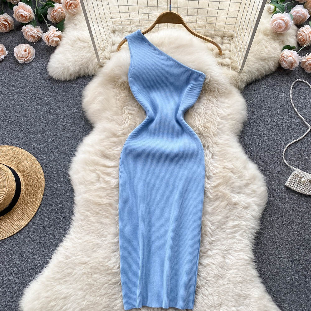 Summer Women Dress Sexy One Shoulder Knitted Bodycon Dress