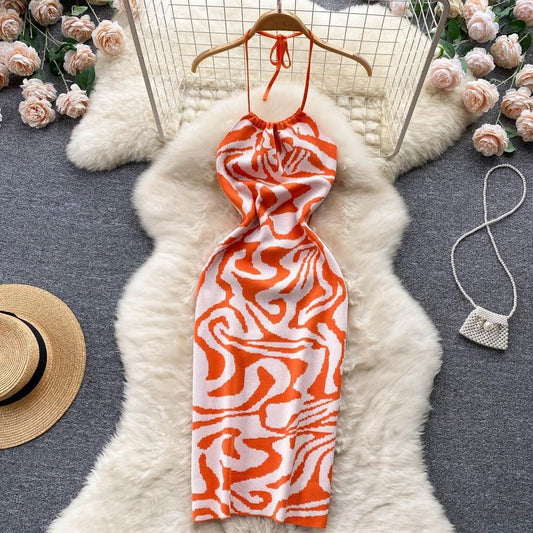 Vacation Season Women Dress Backless Knitted Bodycon Dress