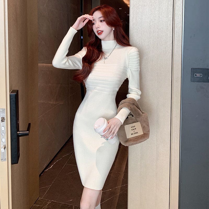 Elegant Knitting Slim Dresses For Women Solid Turtleneck Long Sleeve High Waist Bottoming Hip Wrap Dress