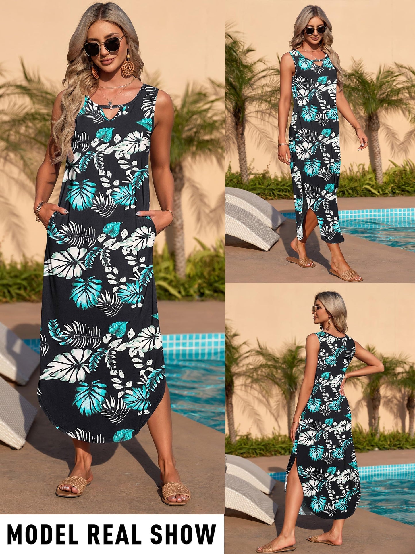 AUSELILY Women Sleeveless Floral Maxi Dress Casual Beach Dress Loose Long Tank Split Dresses with Pockets Blue Green Flower M