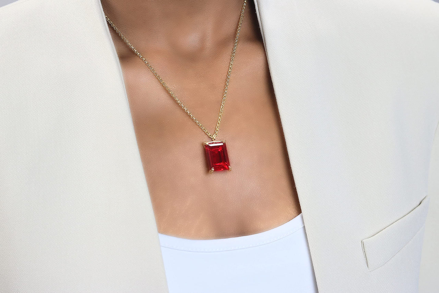 Vibrant Ruby Necklace in Gold - Rectangle Custom Pendant Necklaces for Women - July Birthstone Necklace, Fashion Jewelry Necklace, Anniversary Gift Necklace - Handmade