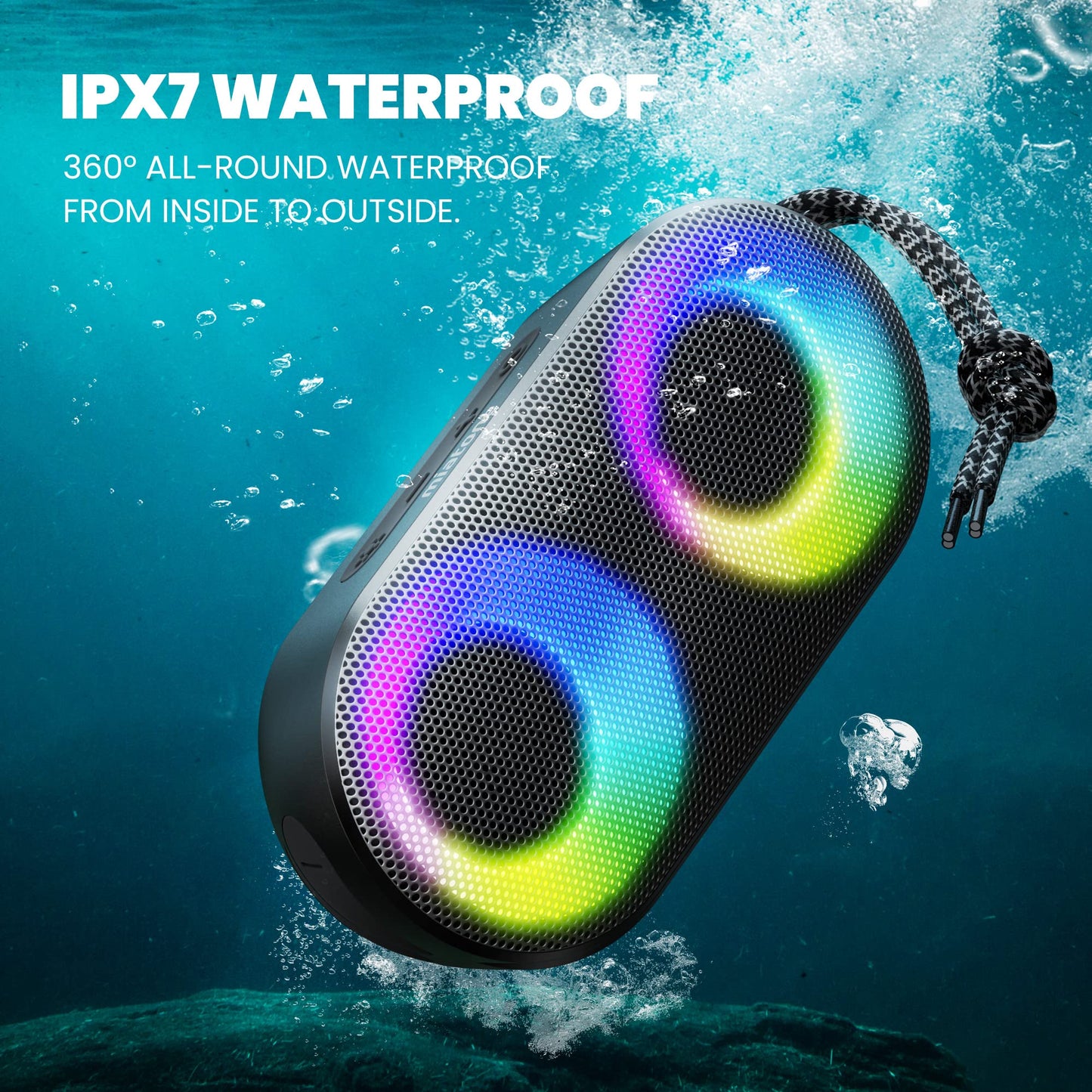 MIATONE Bluetooth Speaker with RGB Lights, IPX7 Waterproof Shower Speaker with Deep Bass Mode, 20H Playtime, Mic, TF Card, True Wireless Stereo Portable Speaker for, Shower, Gifts, Outdoor (Black)