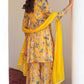 Janasya Mothers Day Gifts Yellow Georgette Digital Floral Printed Kurta with Sharara and Dupatta