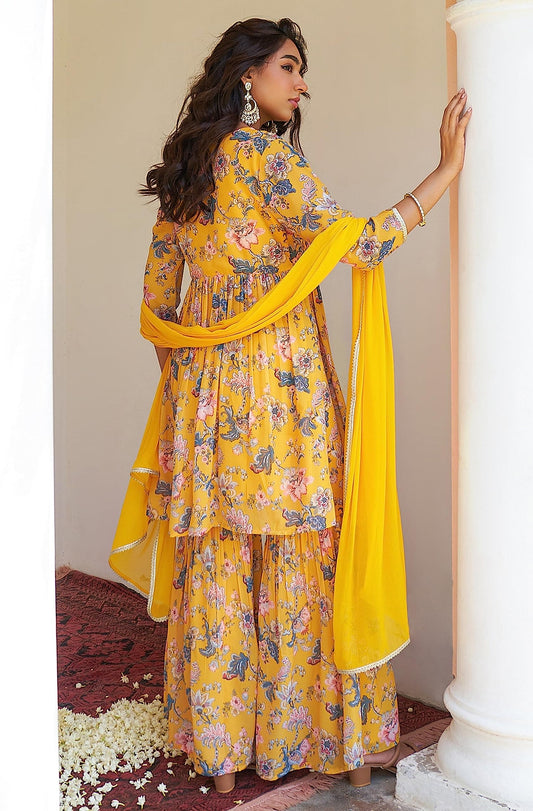 Janasya Mothers Day Gifts Yellow Georgette Digital Floral Printed Kurta with Sharara and Dupatta