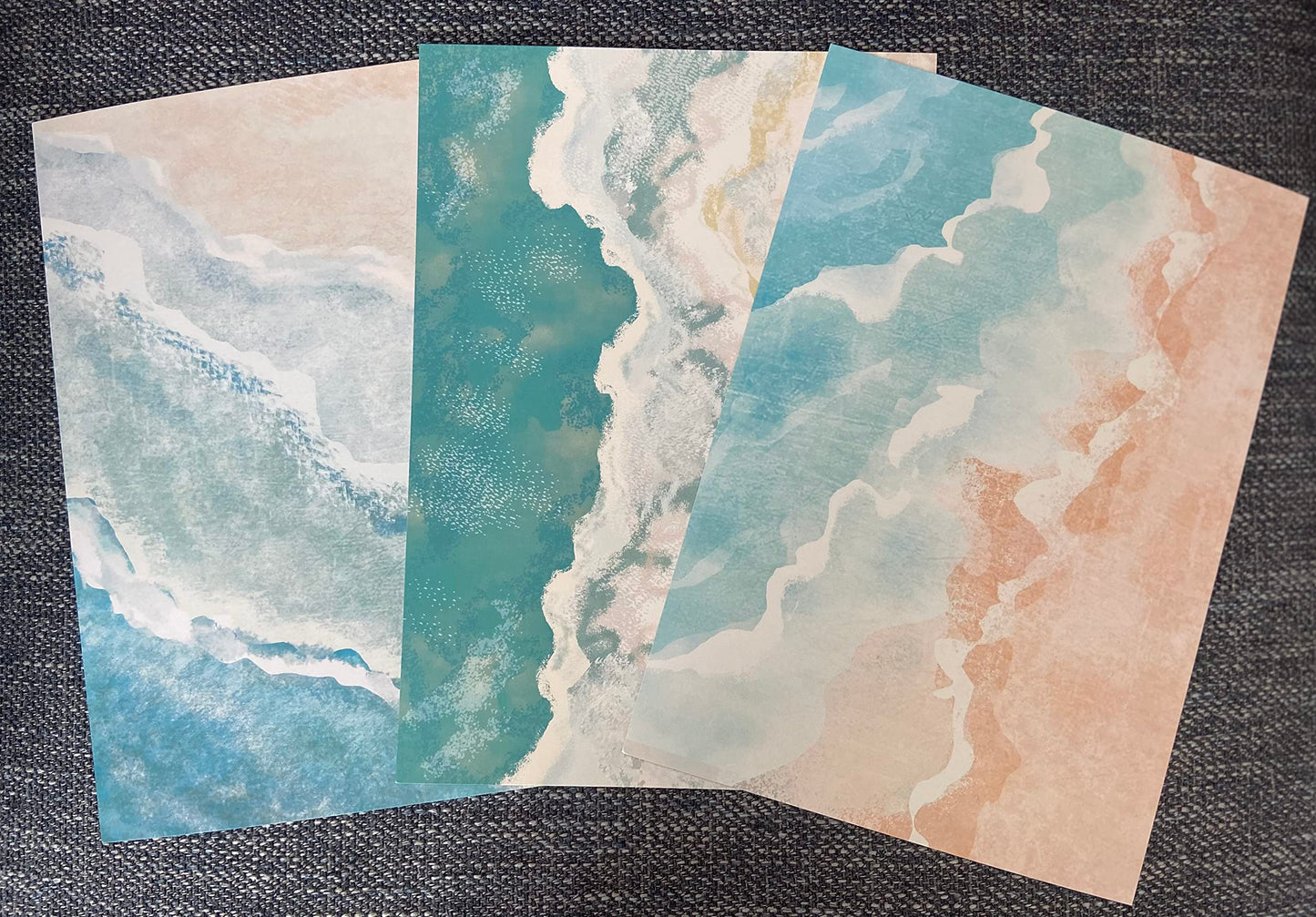 Abstract Beach Waves Set of 3 Unframed Wall Prints, Beach Sea Sand Coastal Landscape Bathroom Wall Art, Home Décor, Watercolour Style Abstract, Ocean Gallery Wall Art (A4)