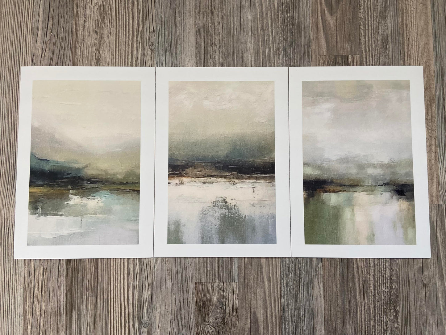 Muted Abstract Landscape Set of 3 Unframed Wall Poster Prints, Digitally Printed Painting Style, Lounge Bedroom Kitchen Bathroom Home Decor, Muted Tones, Green White Grey Black (A3)