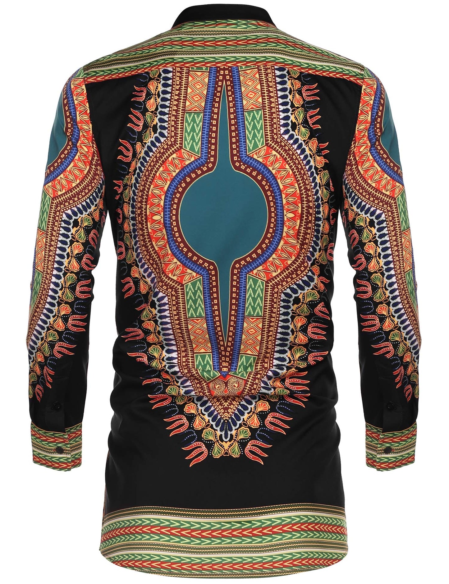 COOFANDY Men's African Dashiki Print Shirt Long Sleeve Button Down Shirt Bright Color Tribal Top Shirt Black