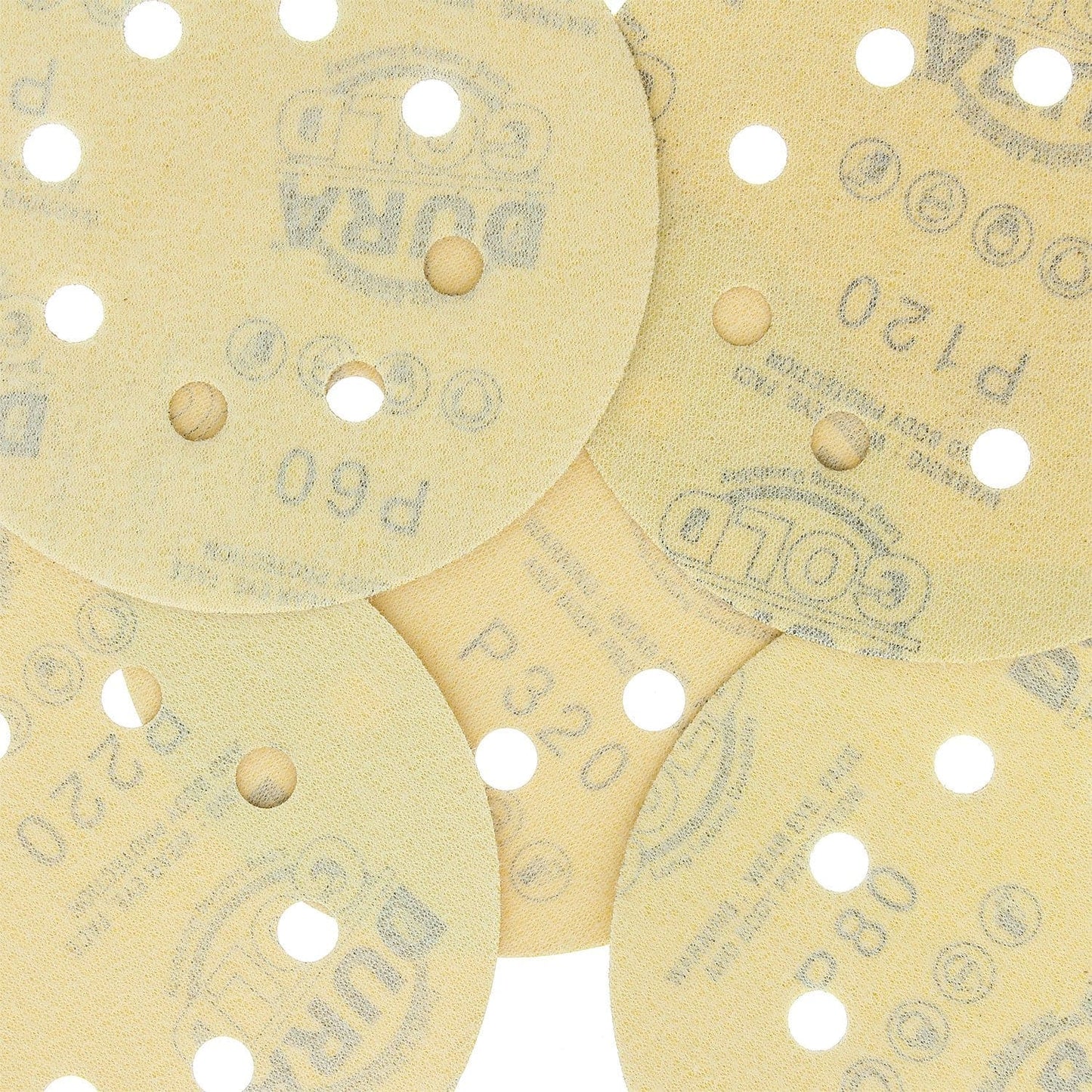 Dura-Gold Premium - Variety Pack - 5" Gold Sanding Discs - 8-Hole Dustless Hook and Loop - 10 Each of Grit (60, 80, 120, 220, 320) - Box of 50 Sandpaper Finishing Discs for Woodworking or Automotive