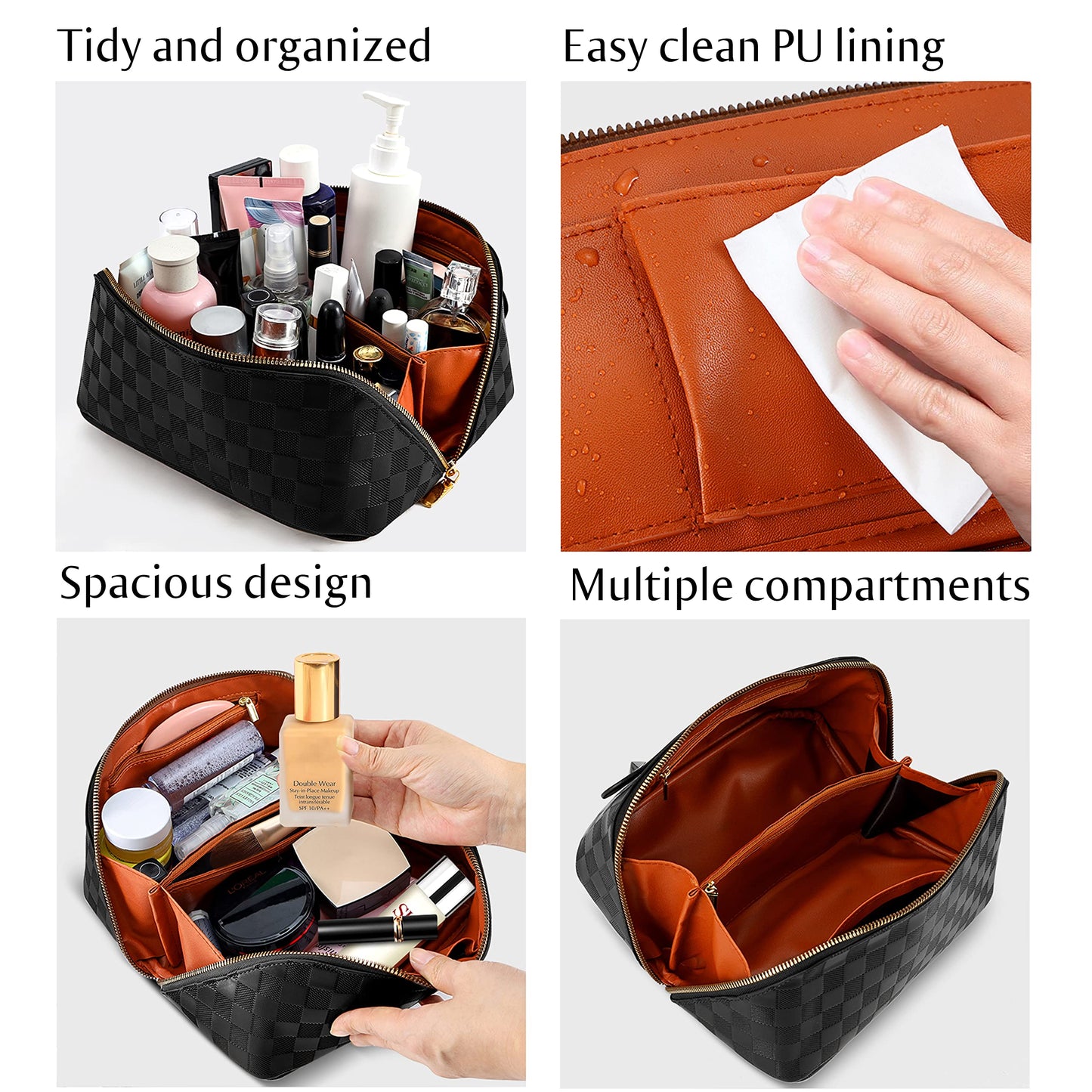 ALEXTINA Large Capacity Travel Cosmetic Bag - Portable Makeup Bags for Women Travel Toiletry Bag Waterproof Leather Checkered Makeup Organizer Bag, Roomy Cosmetic Bag for Women and Girls, Black