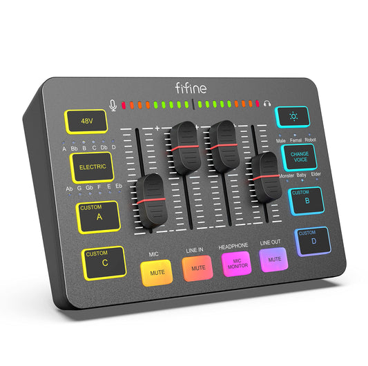 FIFINE Gaming Audio Mixer for Streaming, RGB PC Audio Interface, DJ Mixer with XLR Microphone Interface, Volume Fader, Individual Channel Design, Customized Sound for Podcast, Recording, Vocal-SC3