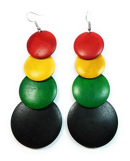 Teri's Boutique Wood Wooden Jamaican Boho Hippie Long Dangle Rounds Earrings (RYGB)