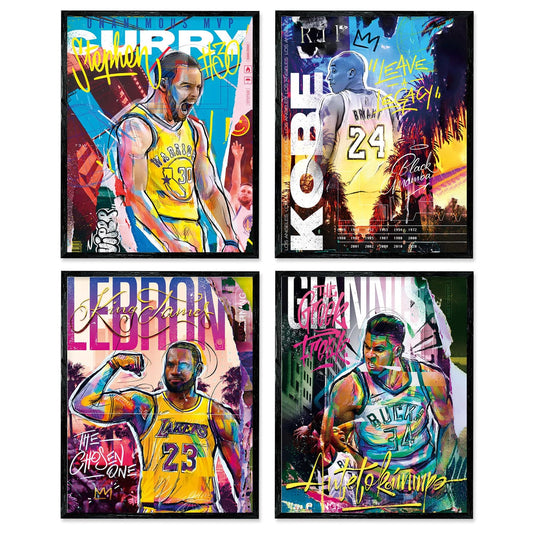 Famous Basketball Star Posters Wall Art, 8x10 Inch Canvas Prints Unframed Set of 4, Basketball Posters for Boys Bedroom Decor