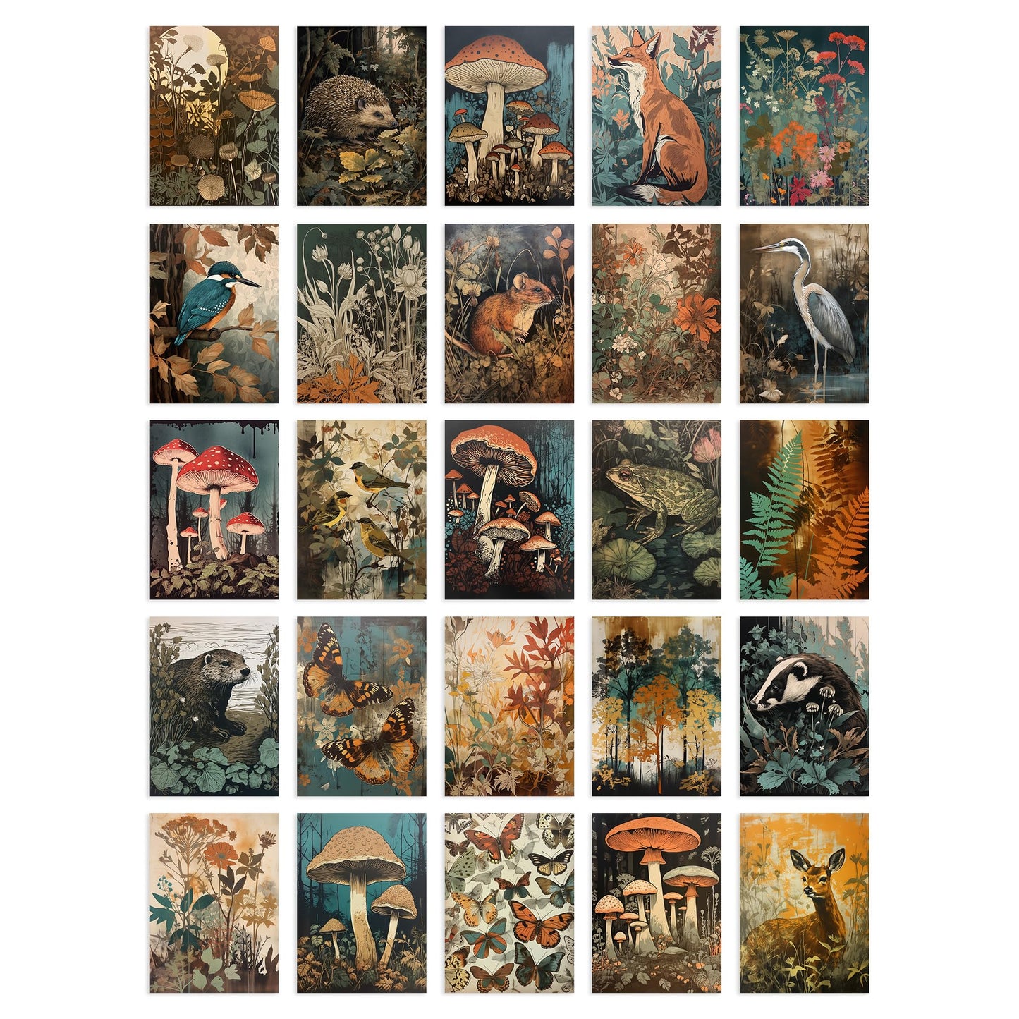 Artery8 50 Pcs Earthy Wild Nature Rustic Aesthetic Collage Kit Wall Art Prints A6 Set Pack 14.8 x 10.5 cm (5.8 x 4.1) Fungi Flowers Trees Botanical Room Decor Poster