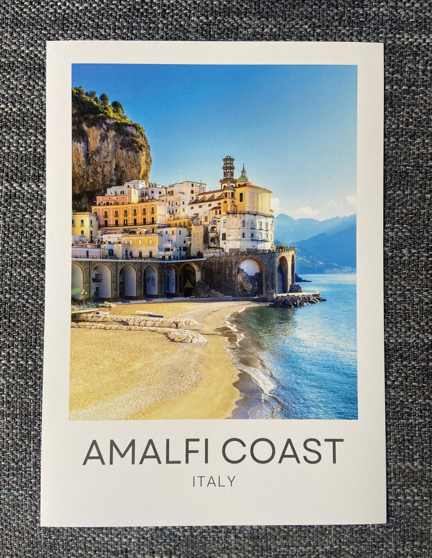 Amalfi Coast Italy Unframed A3 Travel Print, Photographic City Destination Art Poster, Home Décor Wall Art, Atrani Colourful Fishing Village Cliffside Houses, Orange Yellow Blue, 42cm x 29.7cm (A3)