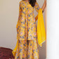 Janasya Mothers Day Gifts Yellow Georgette Digital Floral Printed Kurta with Sharara and Dupatta