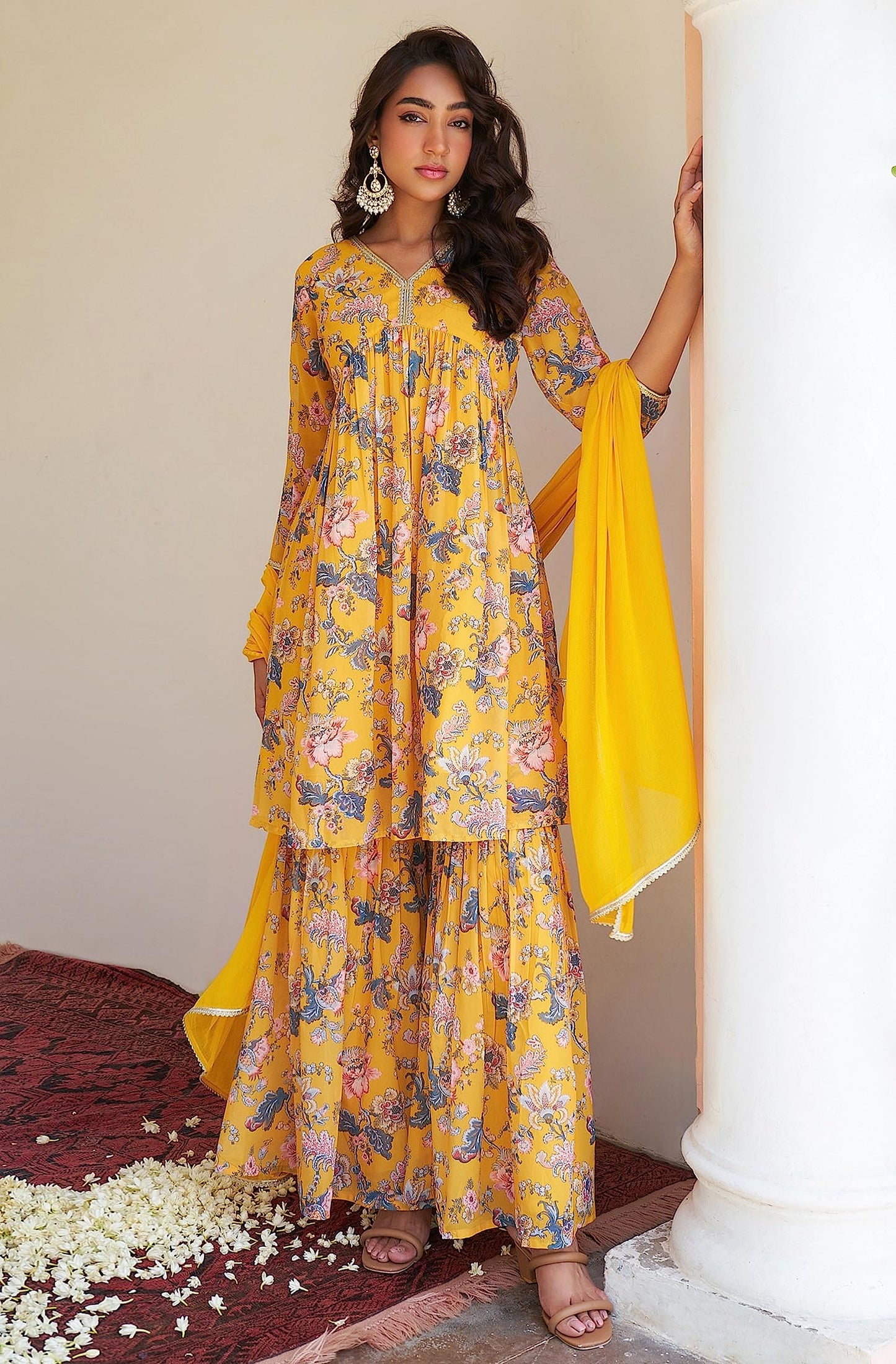 Janasya Mothers Day Gifts Yellow Georgette Digital Floral Printed Kurta with Sharara and Dupatta