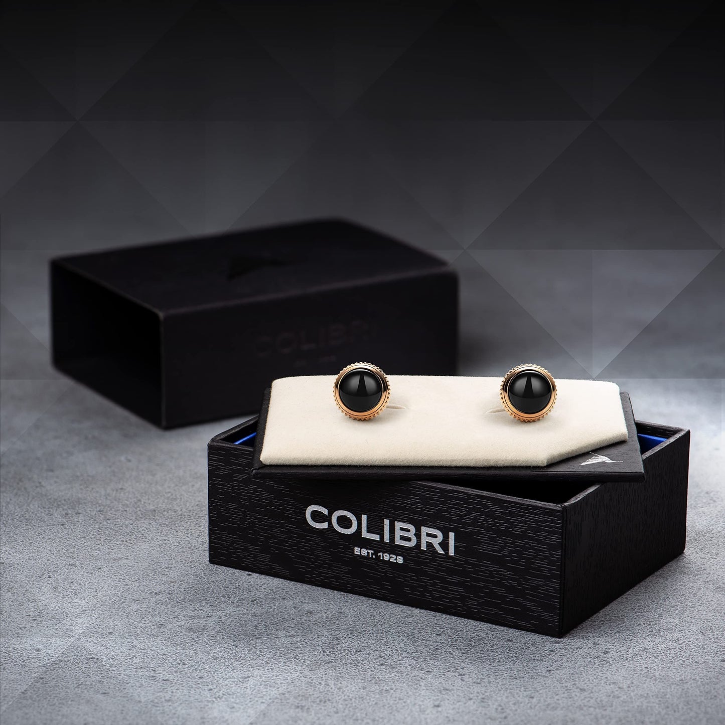 Colibri Hamilton Cufflinks For Men - Designer Cufflinks with Black Onyx Stone Inlay - Ball Return Closure - Polished Stainless Steel with Rose Gold Finish - Gift Box