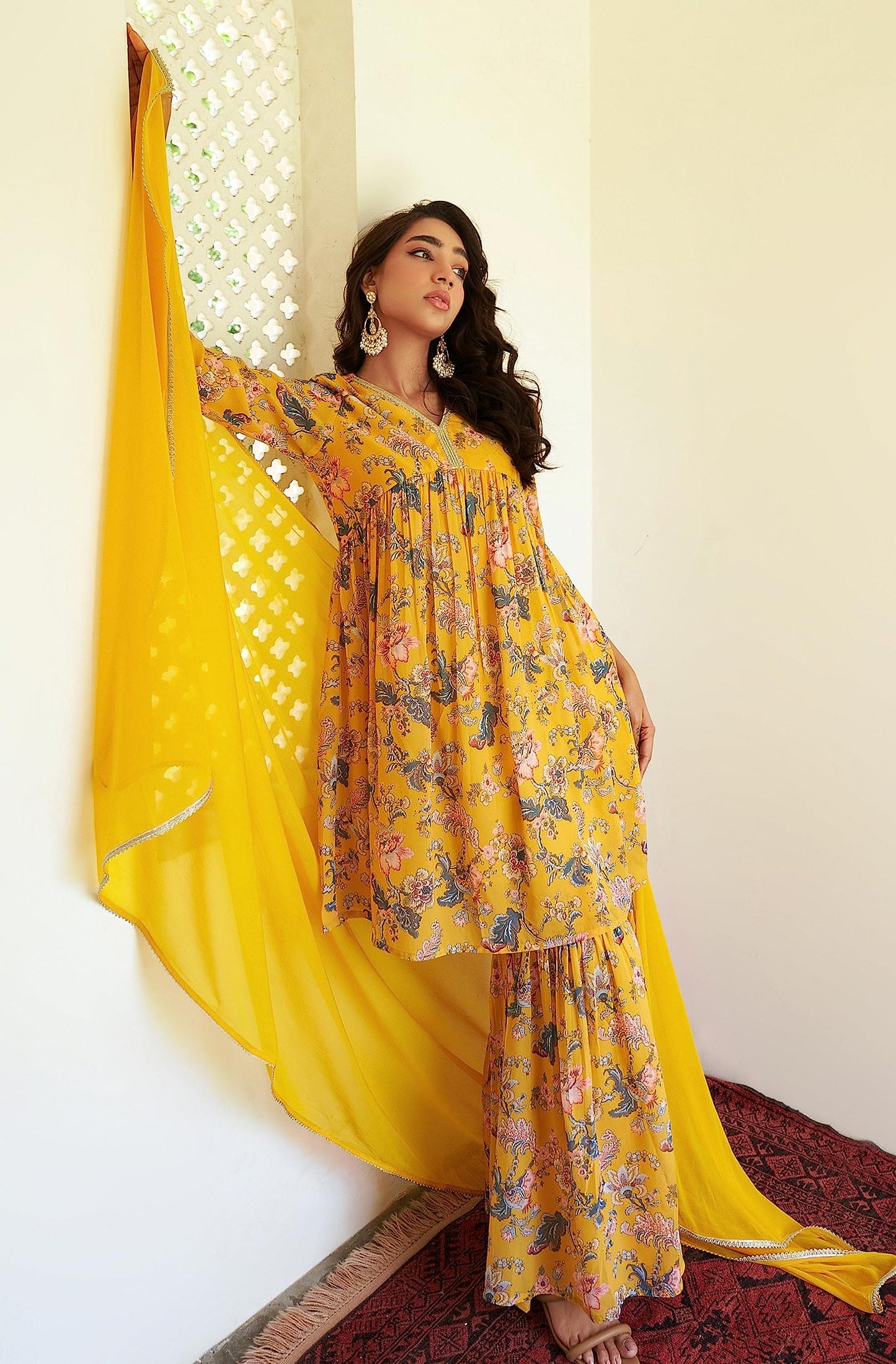 Janasya Mothers Day Gifts Yellow Georgette Digital Floral Printed Kurta with Sharara and Dupatta