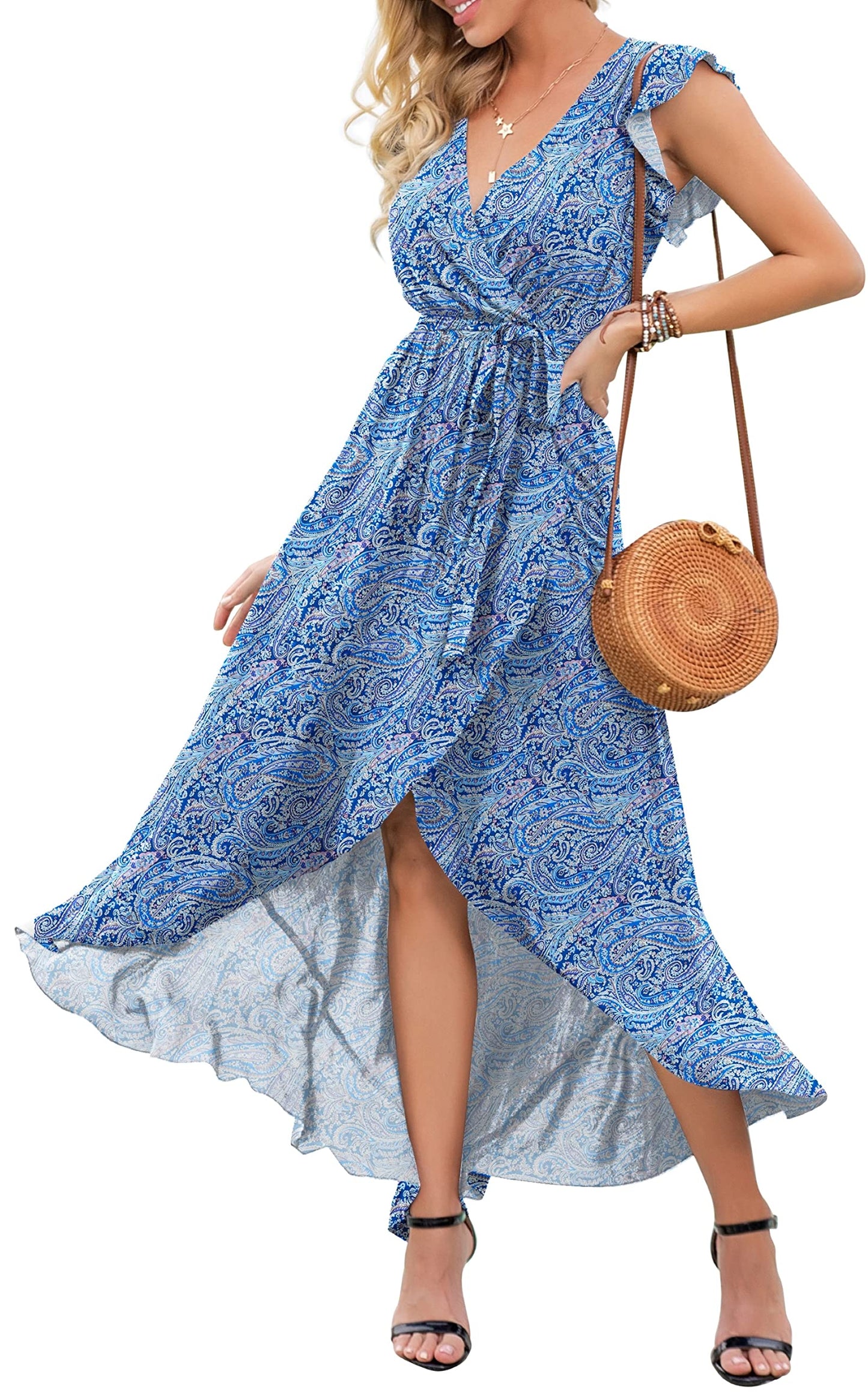 GRECERELLE Womens Summer Maxi Dress Boho Floral Cocktail Polka Dot Wrap Dresses V Neck Casual Party Bohemian Flowy Long Dress for Ladies (Fp Cashew Cyanblue, L)