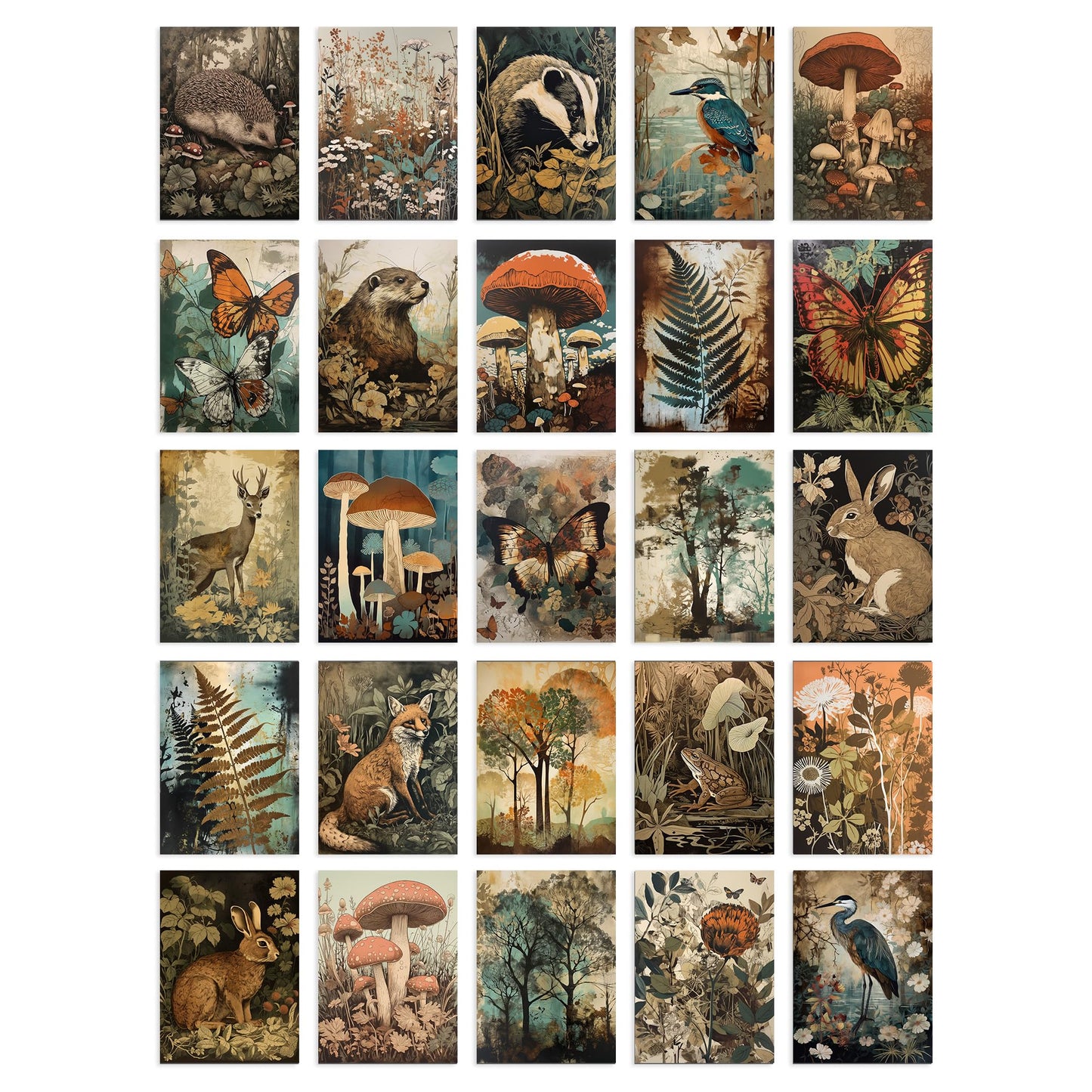 Artery8 50 Pcs Earthy Wild Nature Rustic Aesthetic Collage Kit Wall Art Prints A6 Set Pack 14.8 x 10.5 cm (5.8 x 4.1) Fungi Flowers Trees Botanical Room Decor Poster