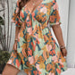 OYOANGLE Women's Plus Size Boho Floral Print High Waist V Neck Flared A Line Short Dress Green Multi Large Plus