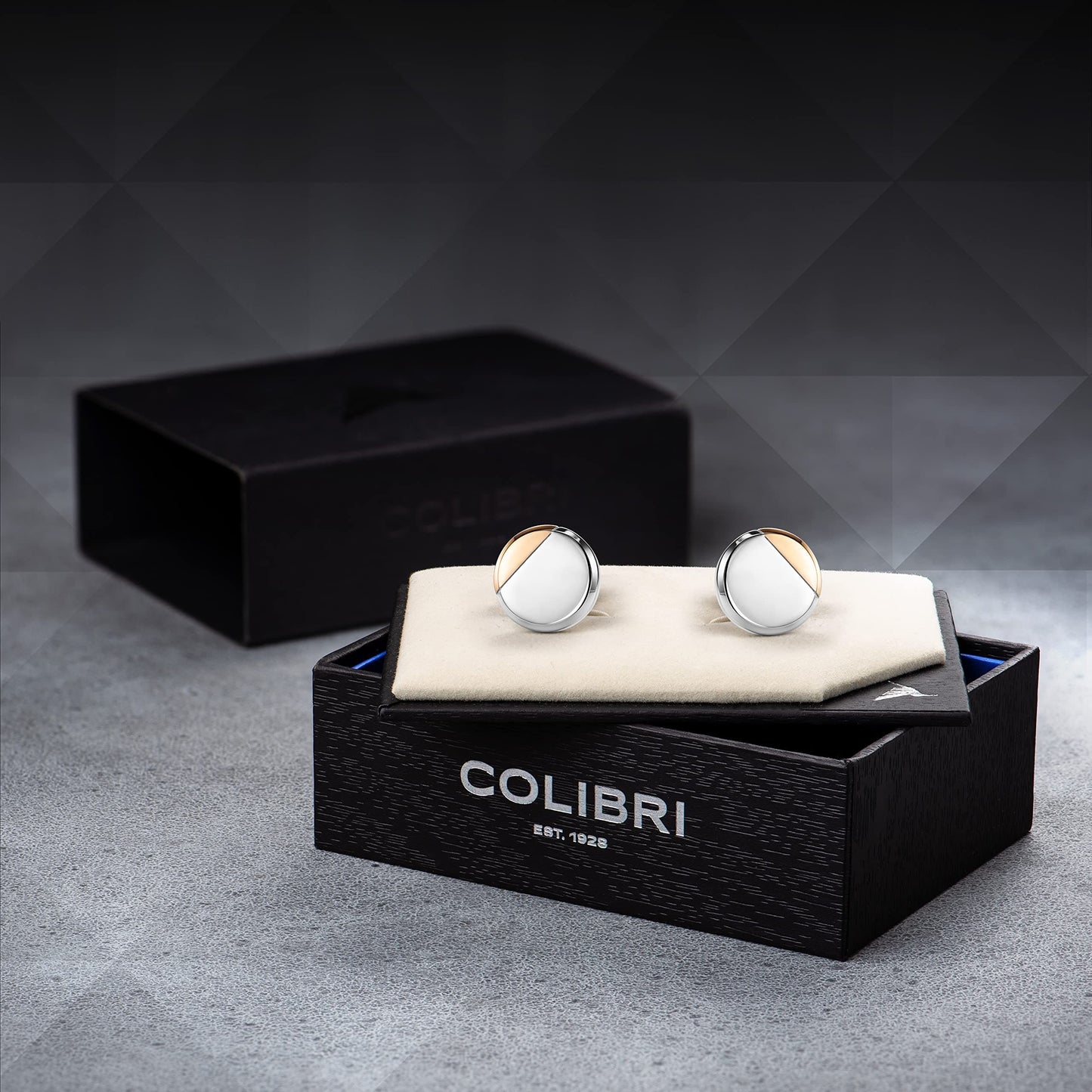 Colibri Equinox Cufflinks For Men - Polished Steel Face with Rose Gold Corner - Designer Cufflinks with Pivoting Whale Back Closure - Gift Box