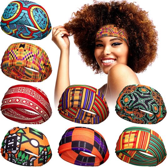 8 Pieces African Headband Stretchy Boho Print Hairband Yoga Running Sports Workout Head Grip Band Elastic Turban Headwrap Head Cloth for Women Girls Hair Accessories (Classic Pattern)