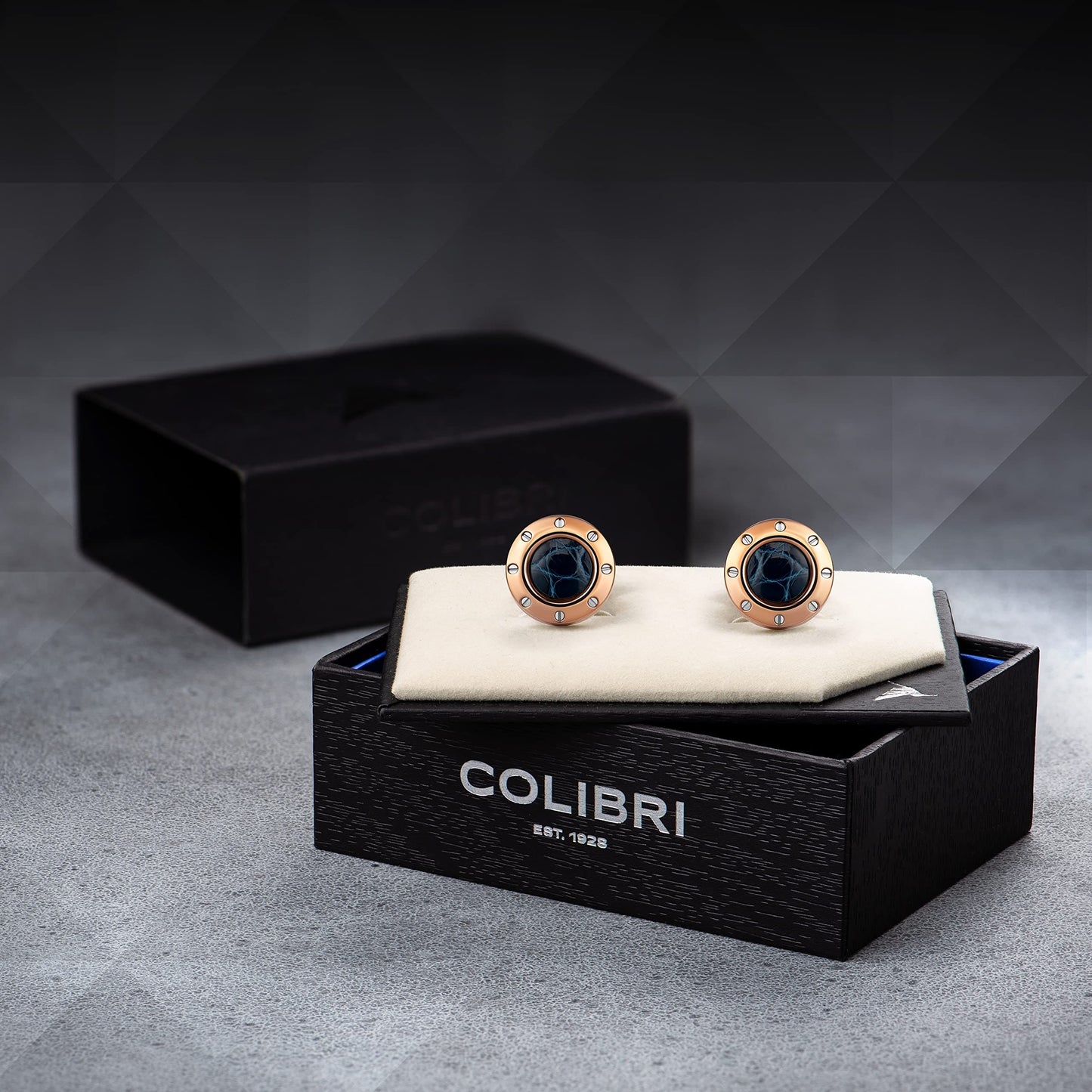 Colibri Daytona Cufflinks For Men - Designer Cufflinks with Blue Genuine Leather Inlay - Pivoting Whale Back Closure - Polished Stainless Steel with Rose Gold Finish - Gift Box