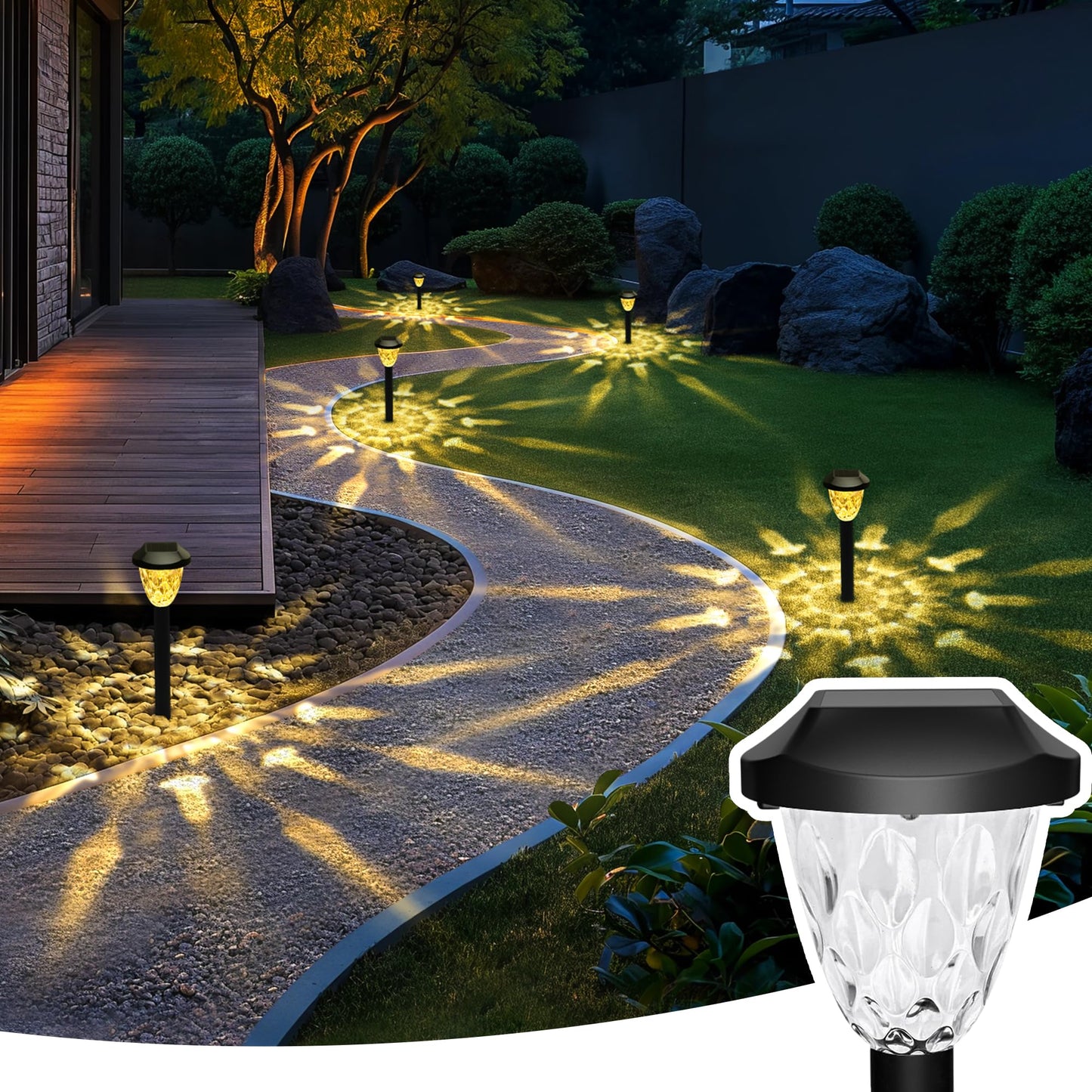 GIGALUMI Solar Lights Outdoor Garden 8 Pack, LED Garden Lights with Great Pattern, Waterproof Auto On/Off Solar Powered Lights for Garden Walkway Driveway Lawn Pathway（Warm White）