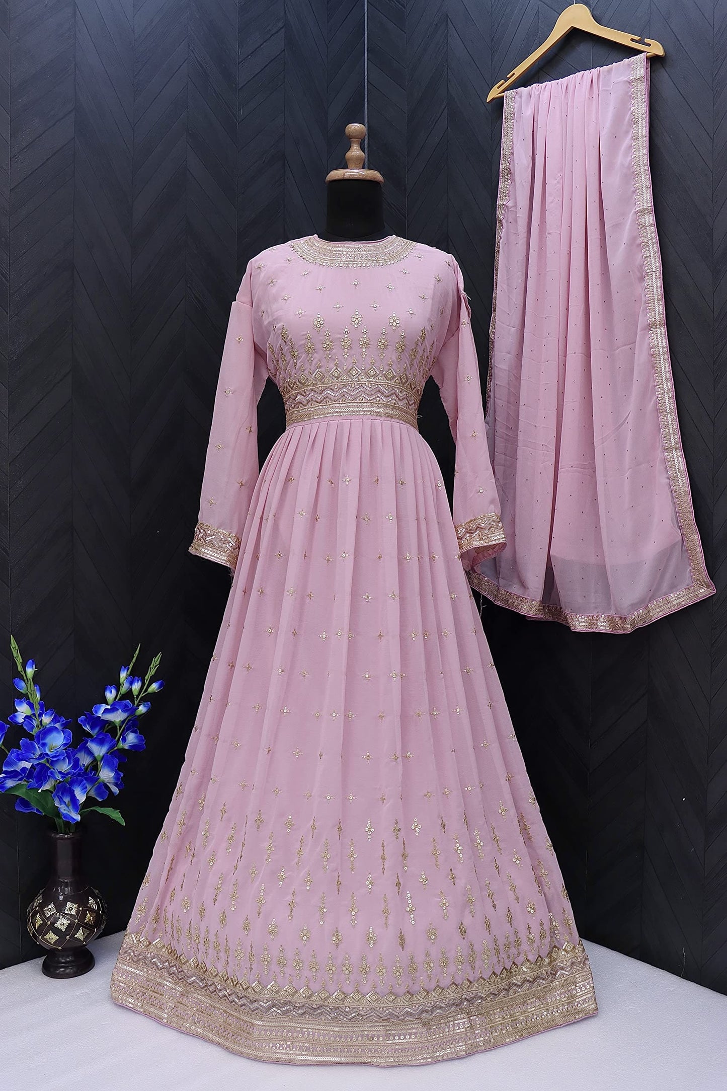 ZUVAANYA Ready to Wear Indian/Pakistani Party Wear Women's Embroidery Faux Georgette Anarkali Floral Gown for Women Pink