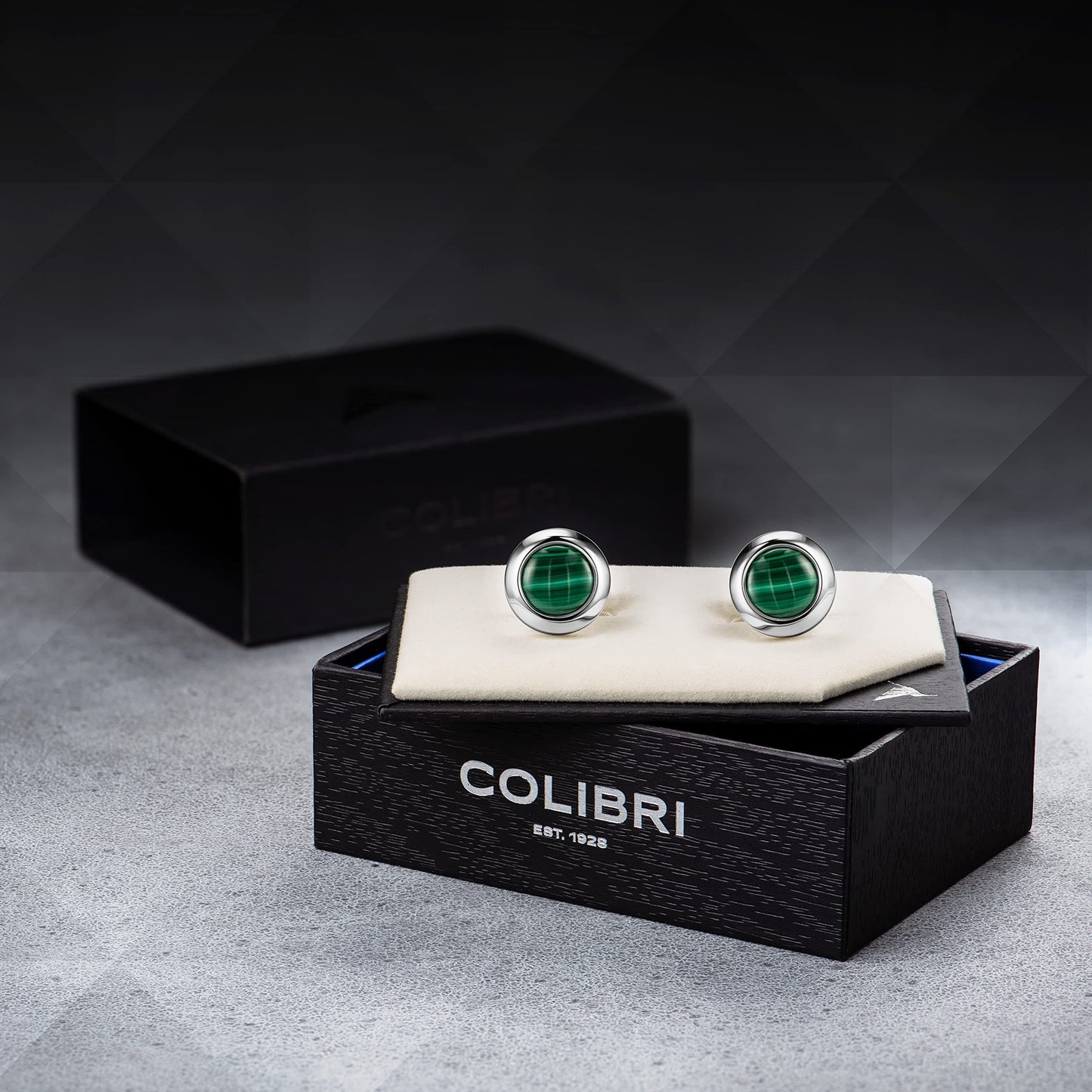 Colibri Hampton Cufflinks For Men - Designer Cufflinks with Green Malachite Stone Inlay - Pivoting Whale Back Closure - Polished Stainless Steel - Gift Box