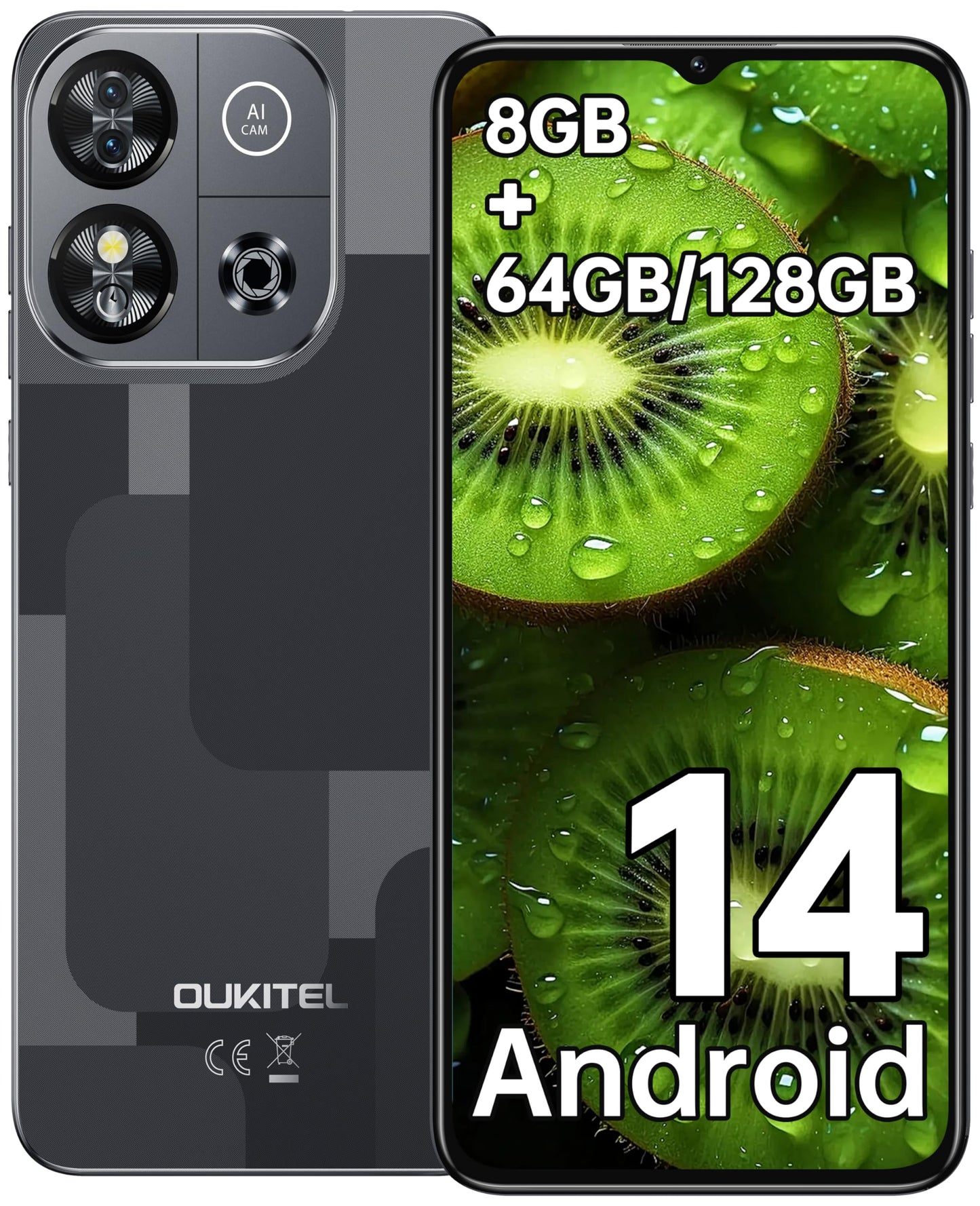 OUKITEL C57S Mobile Phones - Android 14 Phone, 8GB(2+6) RAM + 64GB ROM (TF 128GB), 6.52" HD+ Display Phones, 13MP+5MP Camera, 4300mAh Battery, Sim-Free & Unlocked Mobile Phones, FaceID/GPS/OTG - Black