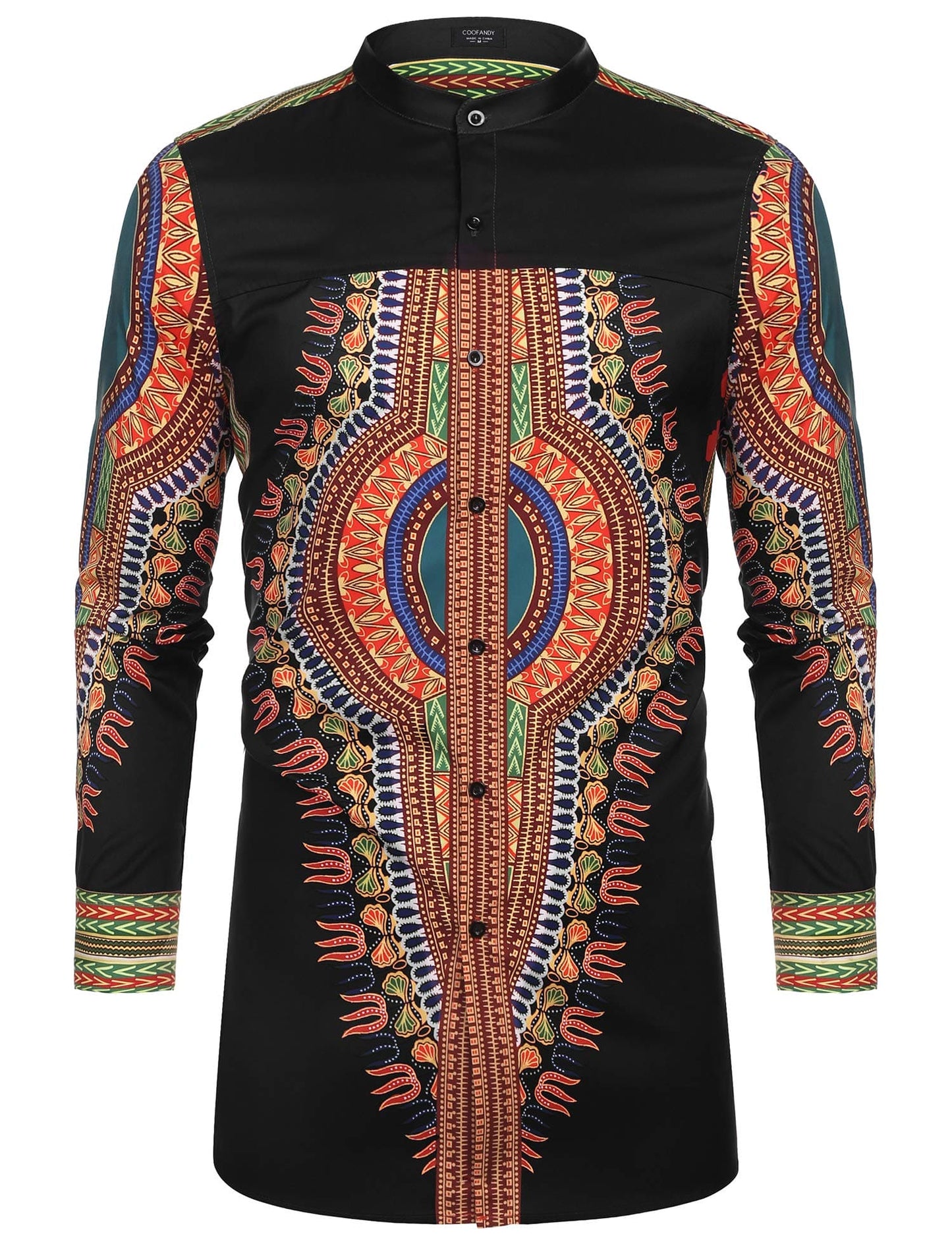 COOFANDY Men's African Dashiki Print Shirt Long Sleeve Button Down Shirt Bright Color Tribal Top Shirt Black