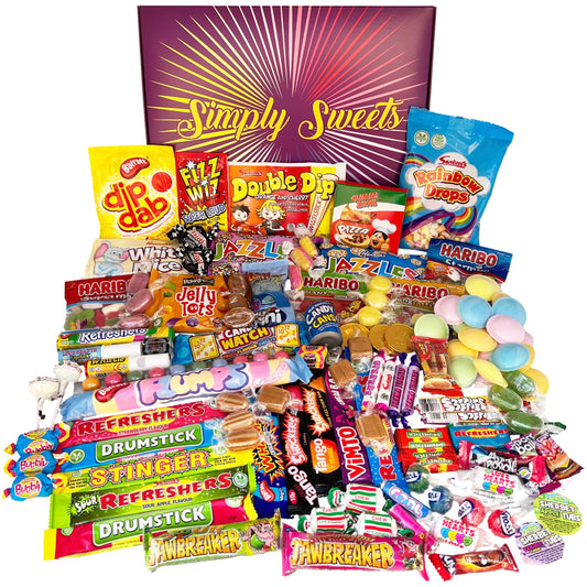 Simply Sweets mega retro sweets hamper gift box. A perfect present for Birthdays, Get Well Soon, Christmas. Packed in a fun stylish unique box.