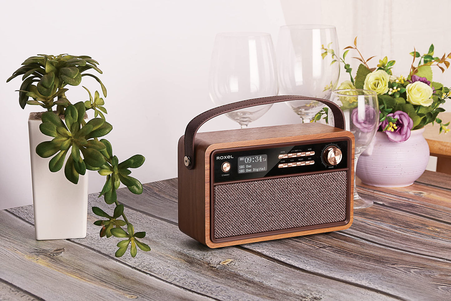 Roxel Retro D1 Vintage DAB+/FM Radio Wireless Speaker | Bedside Alarm Clock with Sleep Function. Rustic Exterior, Mains and USB Rechargeable, TF card, AUX and USB Compatible (Walnut)