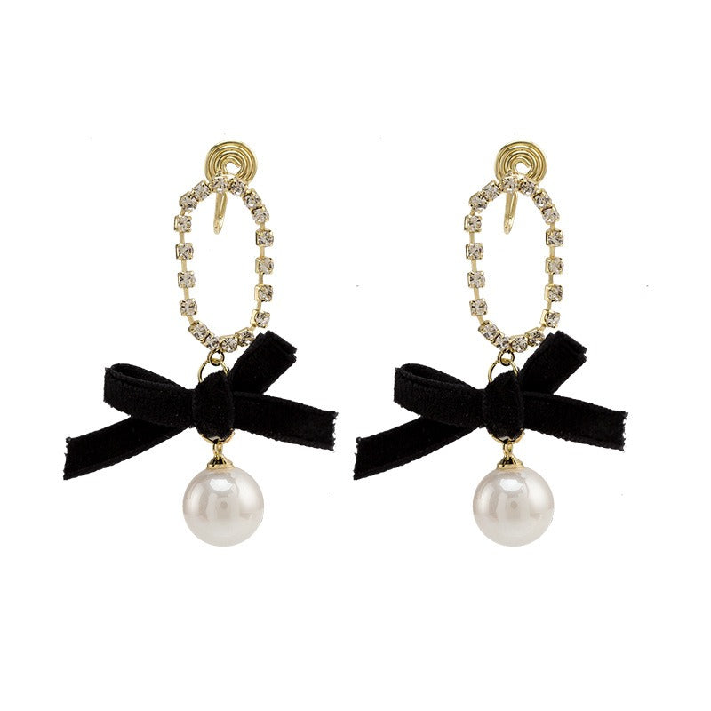 Black bow pearl long earrings, fashionable and elegant, light luxury mosquito coil ear clip