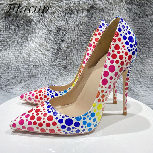 Tikicup Colorful Spotted Print Women Glossy Pointy Toe High Heel Shoes Comfortable Slip On Stiletto Pumps for Floral Dress、