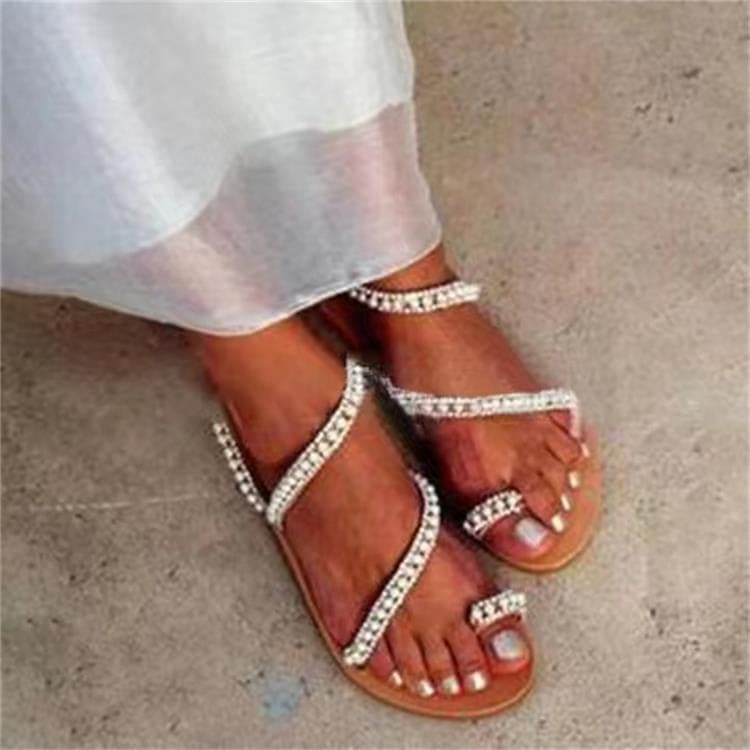 Summer Toe Sandals Women's Flat Bottom Rhinestone Large Beach Shoes