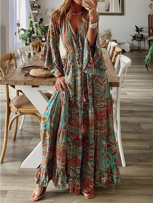 Bohemian retro printed high waisted holiday floral floral 3/4 sleeve dress for women