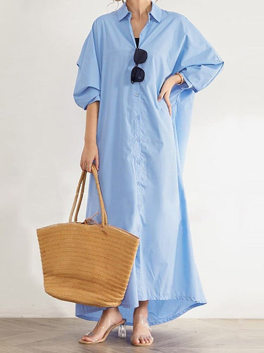 Versatile Long Sleeve Dress For Women Summer Solid Color Loose Big Size Single Breasted Casual Long Dresses