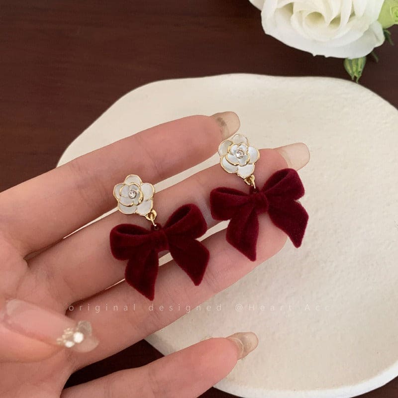 Floral Bowtie Camellia Earrings for Women in Autumn and Winter