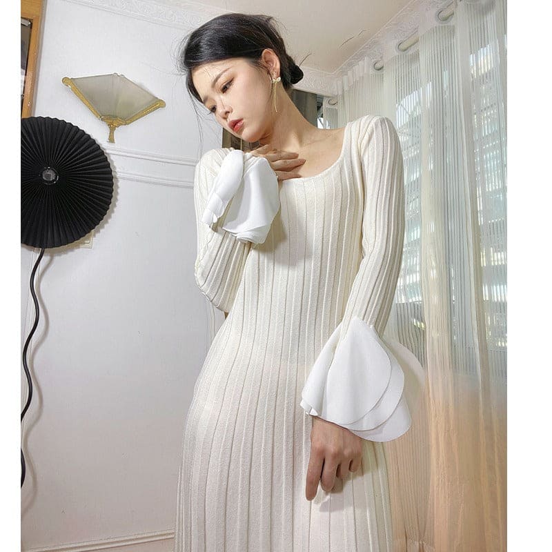 Splicing Knitting Elegant Dresses For Women Square Collar Petal Border Long Sleeve Dress