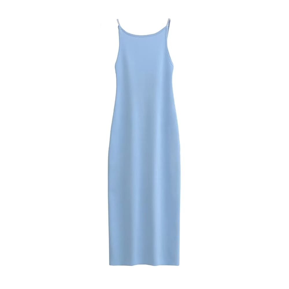 Women Fashion Solid Basic Fitted Knit Midi Dress Vintage Backless Thin Straps Female Dresses