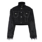 Women Denim Jacket Turtleneck PU Belt Single Breasted Black Plush Long Sleeve Short Coat