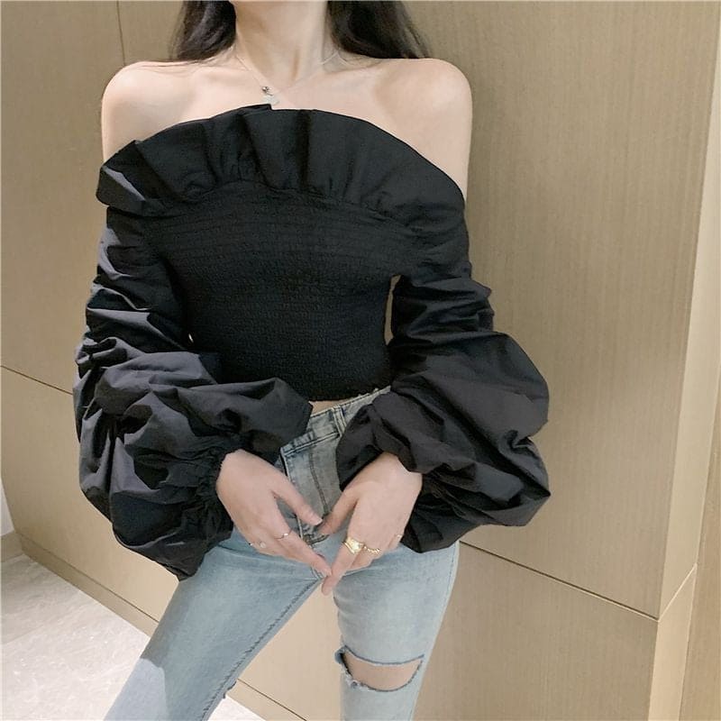 Womens Casual Off Shoulder Crop Top Blouse Strecth Long Sleeve Ruched Ruffles Slim Short Shirt